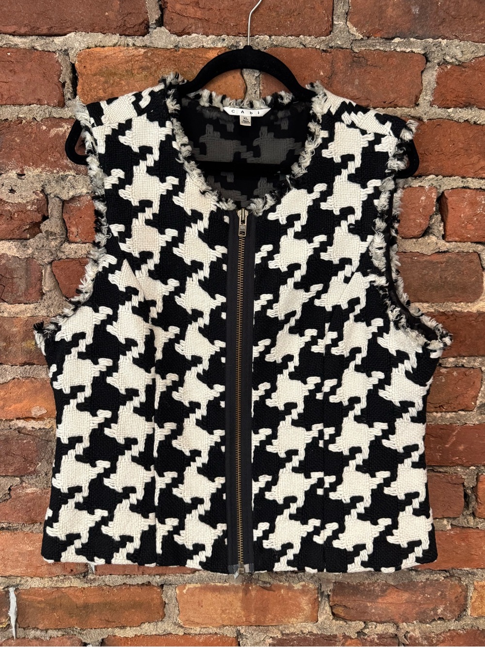 CAbi Women’s Black & White Houndstooth Zip Up Vest (11% Wool)